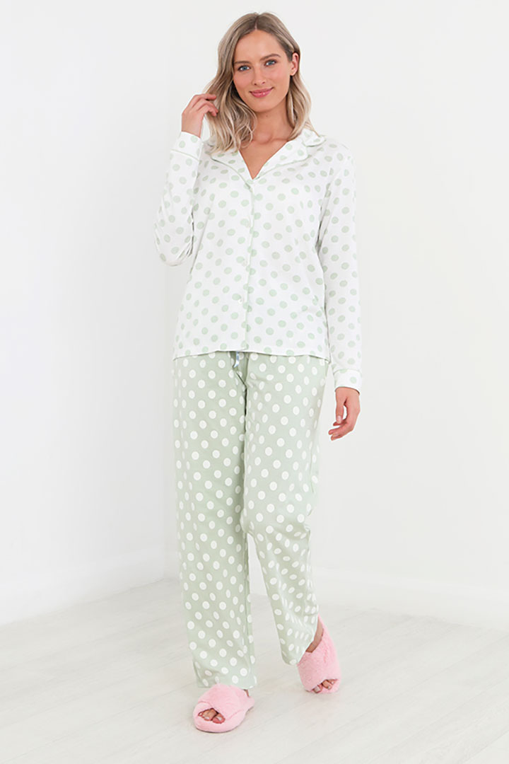Picture of Set of Polka Dots Full Sleeves Top with Pajama - Sage/Ivory