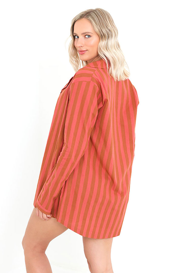 Picture of Set of 3 Pcs Striped Full Sleeves Top, Bra & Shorts - Rust