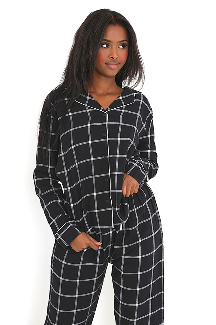 Picture of Set of Checkered Full Sleeves Top with Pajama - Black/White