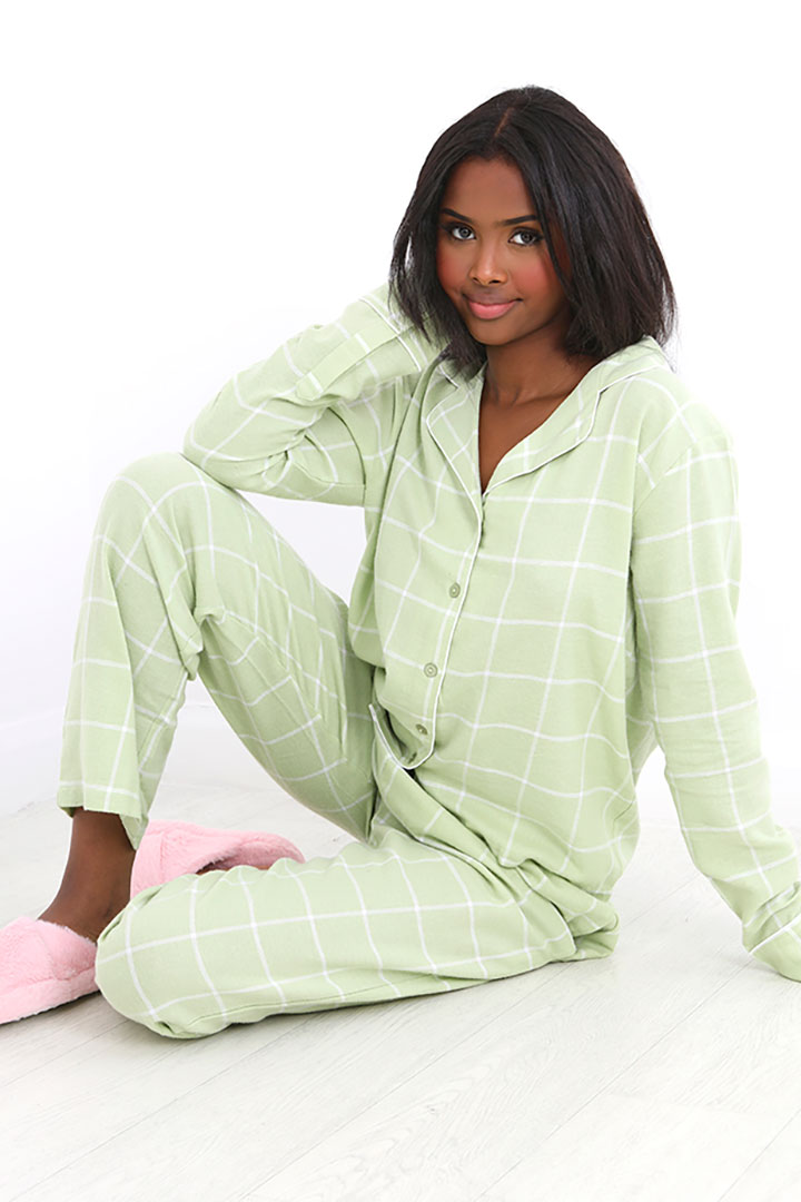 Picture of Set of Checkered Full Sleeves Top with Pajama - Mint/White