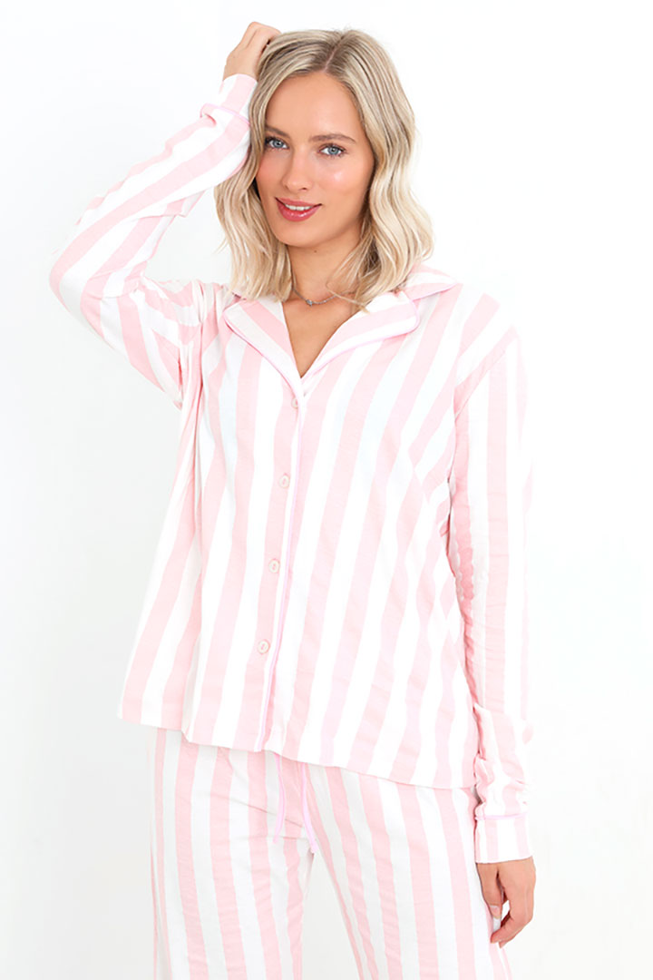صورة Set of Striped Full Sleeves Top with Pajama - Pink Stripes