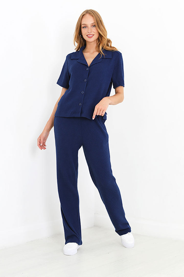 Picture of Set of Waffle Half Sleeves Top with Pajama - Navy