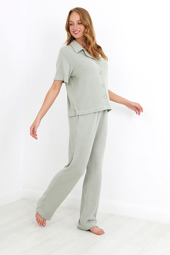 Picture of Set of Waffle Half Sleeves Top with Pajama - Sage