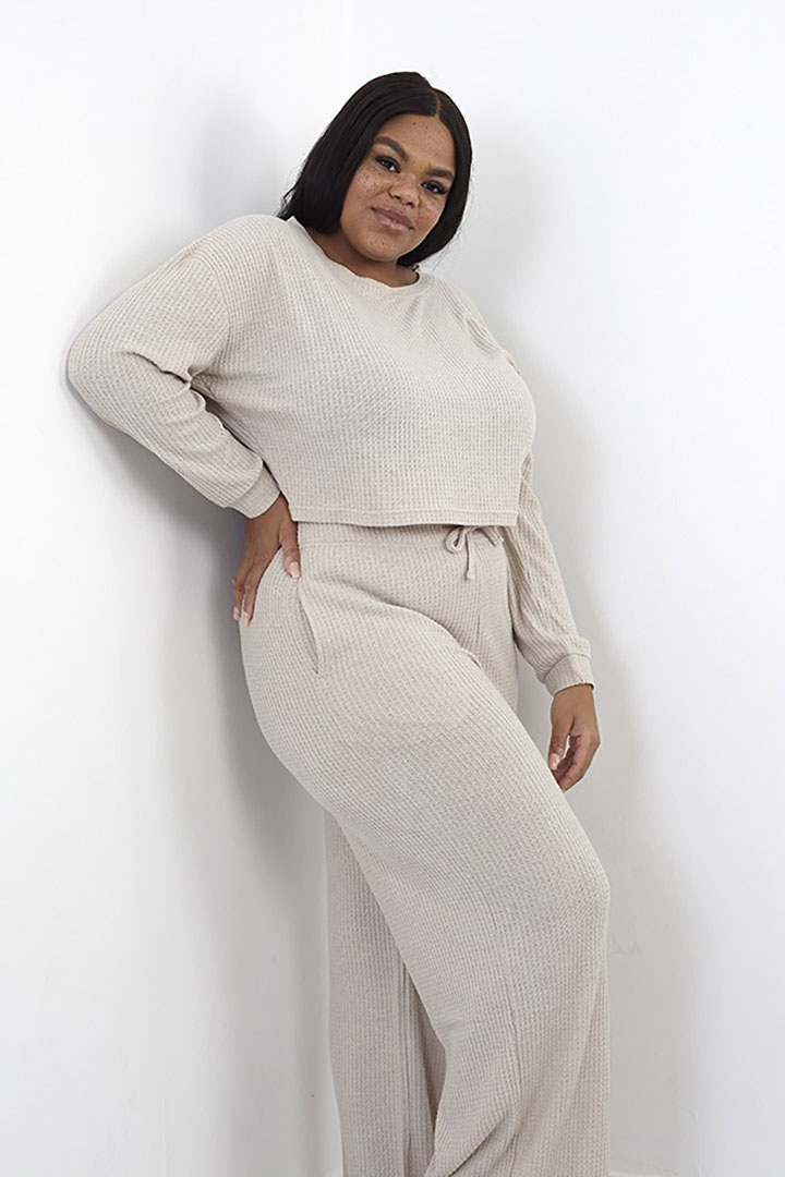 Picture of Plus Size Set of Waffle Full Sleeves Top with Pajama - Cream