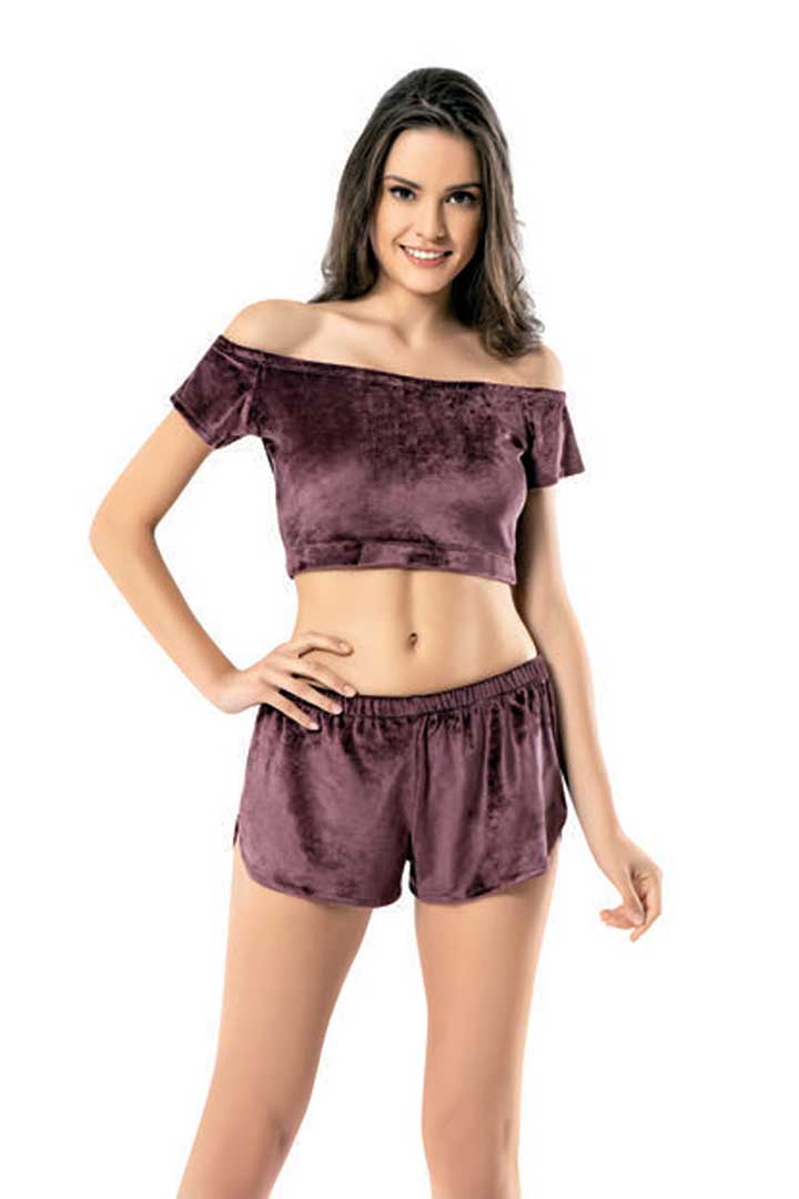Picture of Velvet Off Shoulder Crop top with shorts Set - Rose Purple