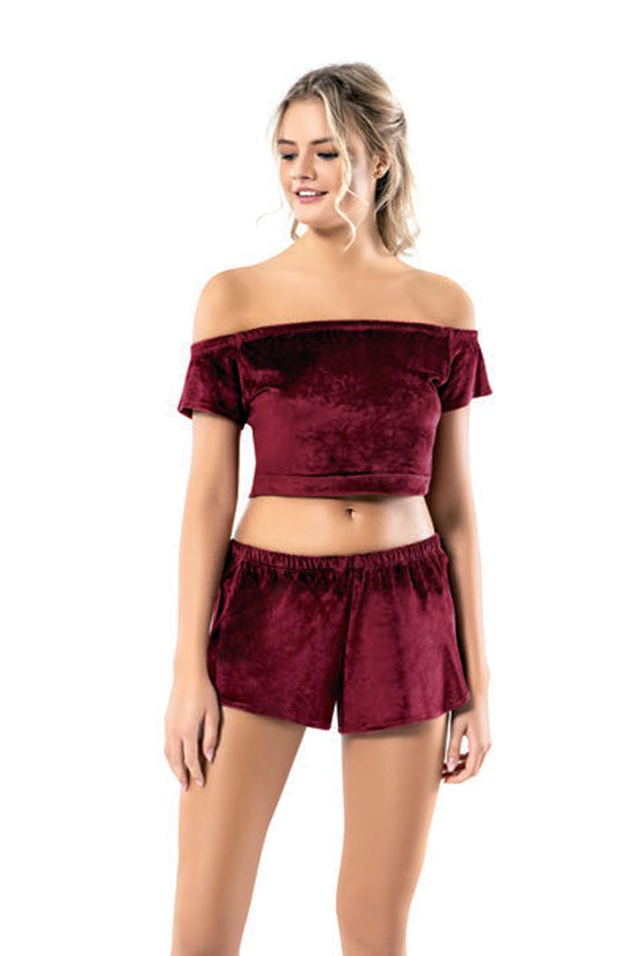 Picture of Velvet Off Shoulder Crop top with shorts Set - Maroon
