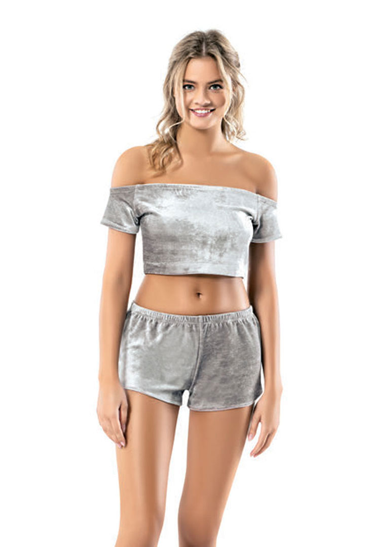 صورة Velvet Off Shoulder Crop top with shorts Set - Light Grey