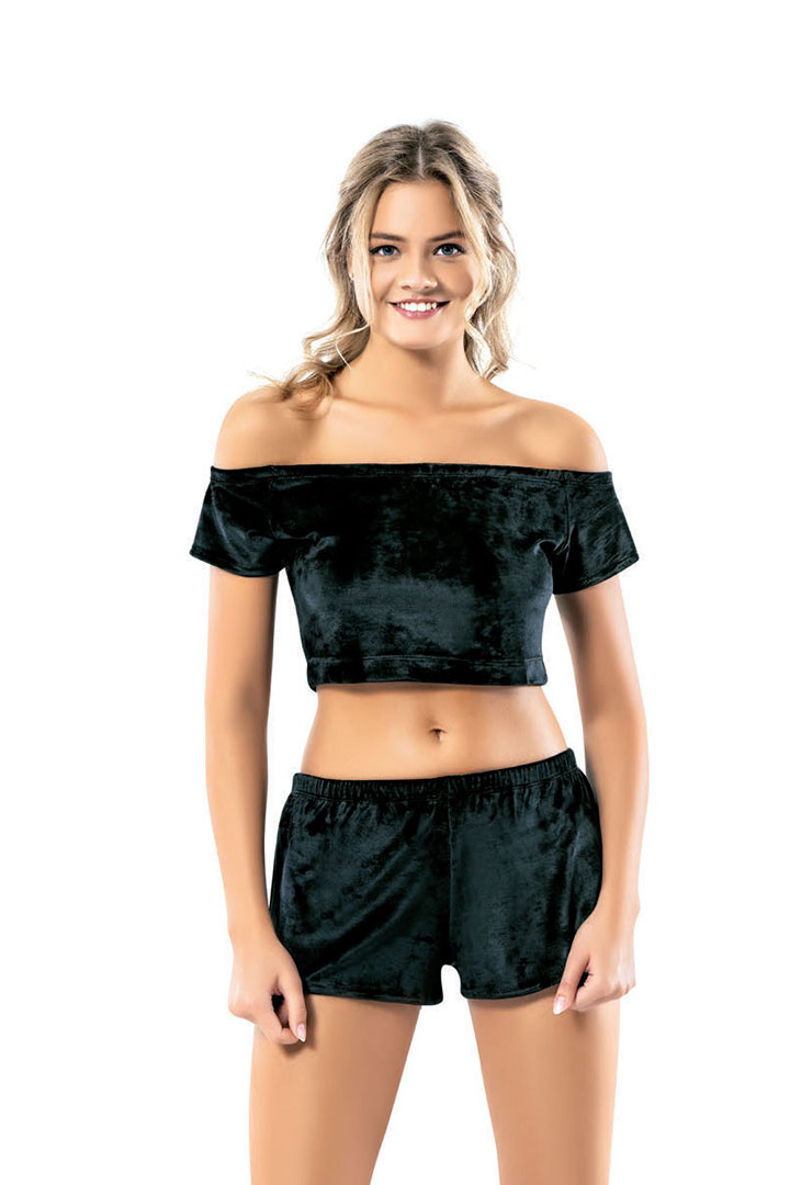 Picture of Velvet Off Shoulder Crop top with shorts Set - Black