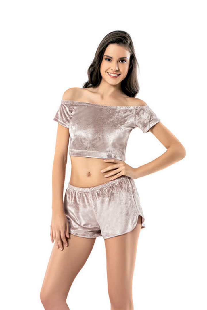 Picture of Velvet Off Shoulder Crop top with shorts Set - Beige