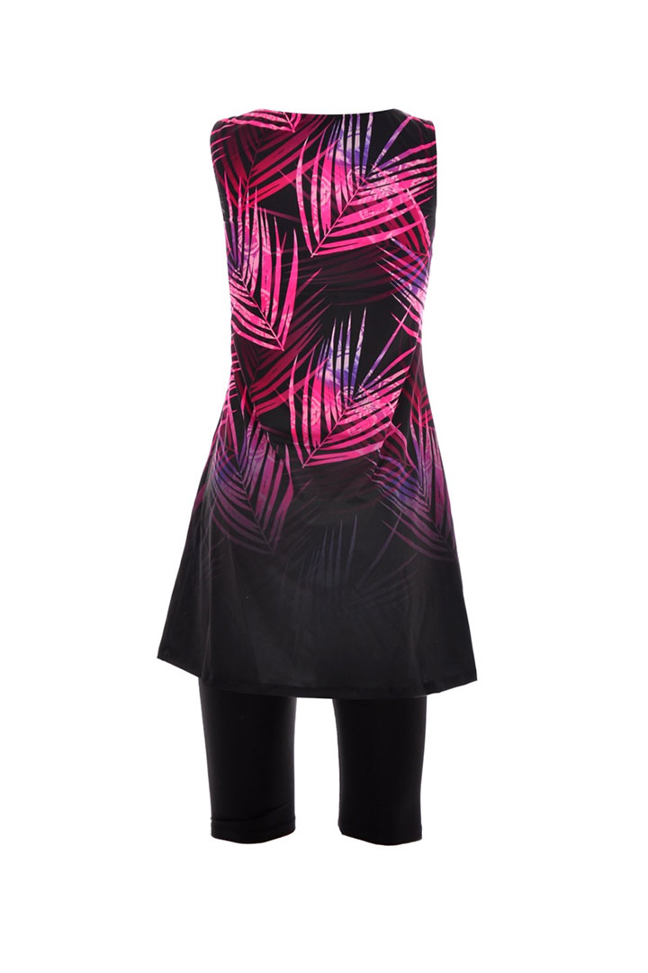 Picture of Two Piece set Black legging with Pink leaf printed sleeveless top - Black & Pink