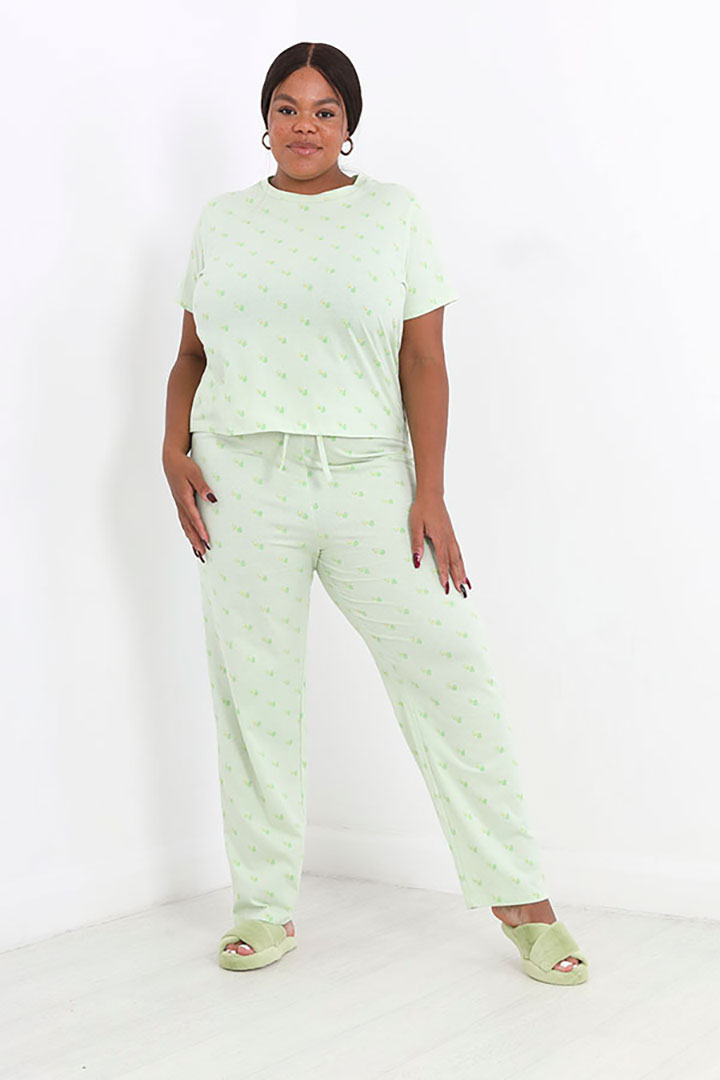 Picture of Plus Size Set of Avocado Printed Half Sleeves Top with Pajama - Green