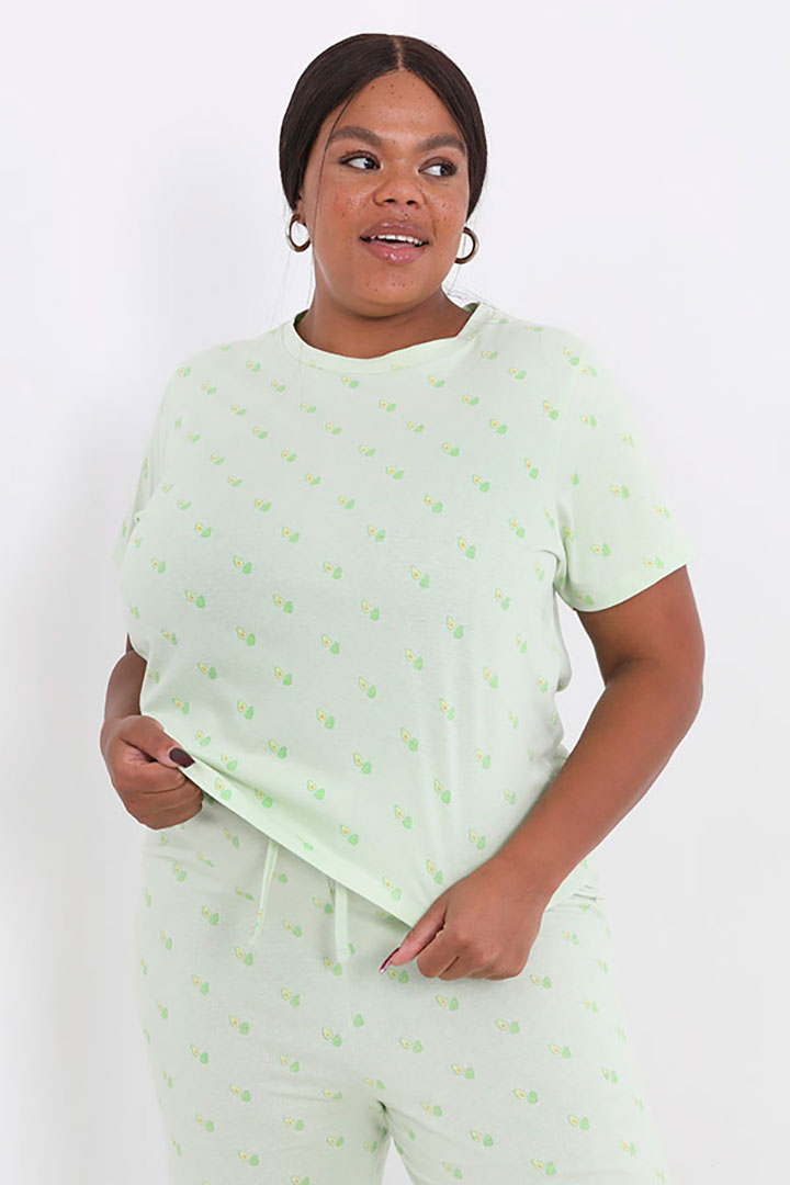 Picture of Plus Size Set of Avocado Printed Half Sleeves Top with Pajama - Green