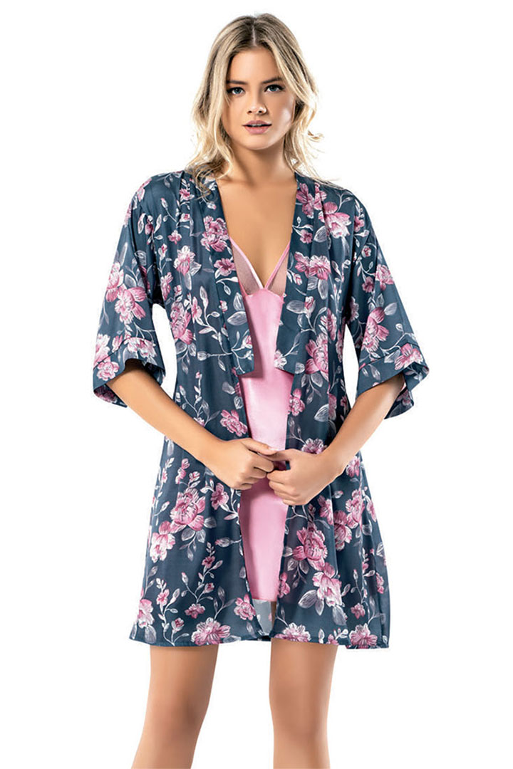 صورة Floral Robe with Inner Slip Nightwear Set - Aegean Blue & Pink