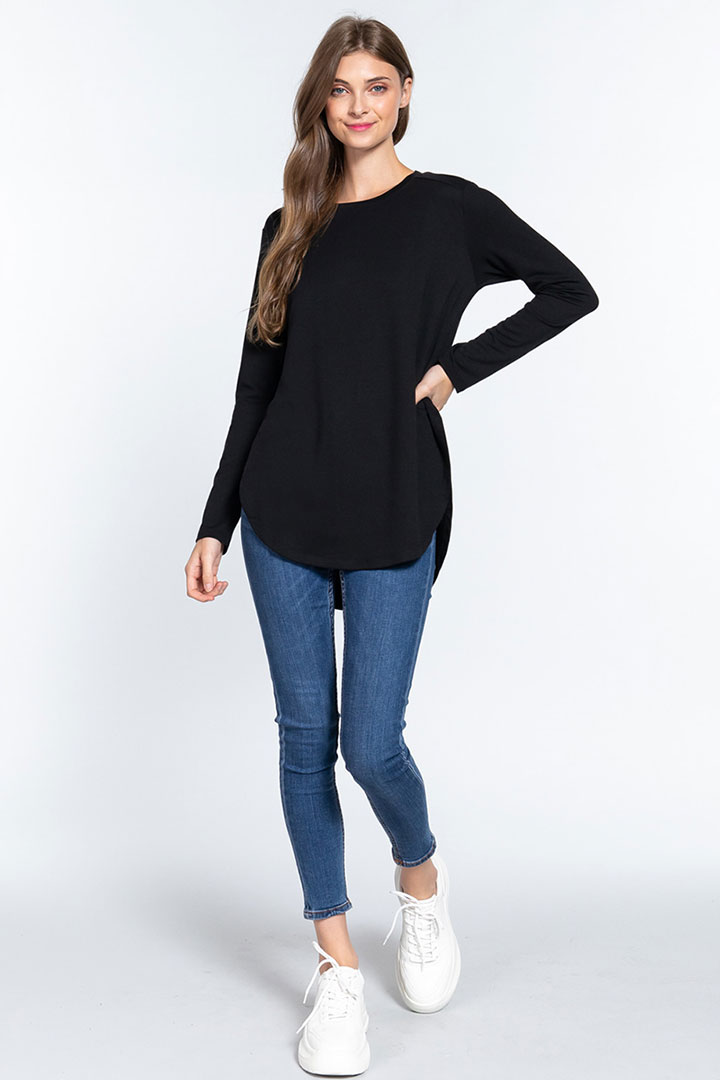 Picture of Long Sleeve Side Slit French Terry Tunic Top - Black