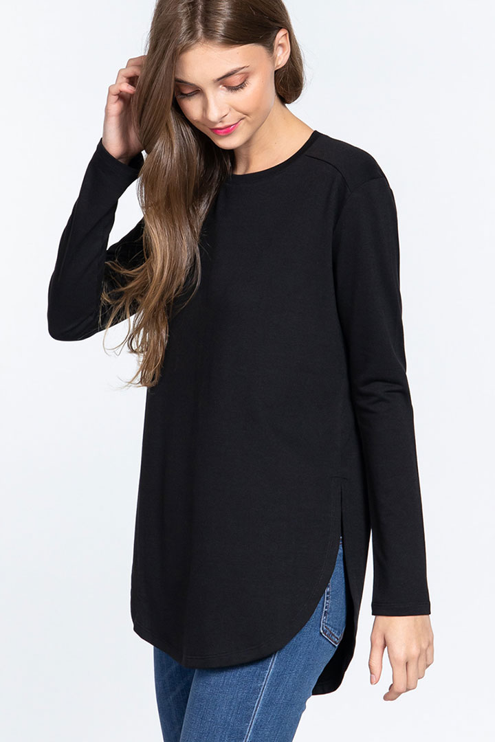 Picture of Long Sleeve Side Slit French Terry Tunic Top - Black