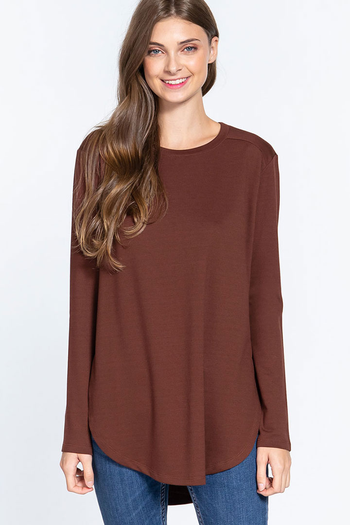 Picture of Long Sleeve Side Slit French Terry Tunic Top - Sepia