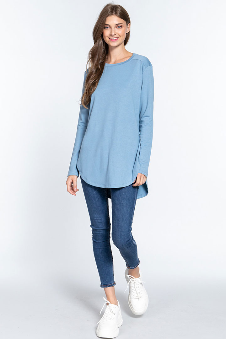 Picture of Long Sleeve Side Slit French Terry Tunic Top - Sky Blue