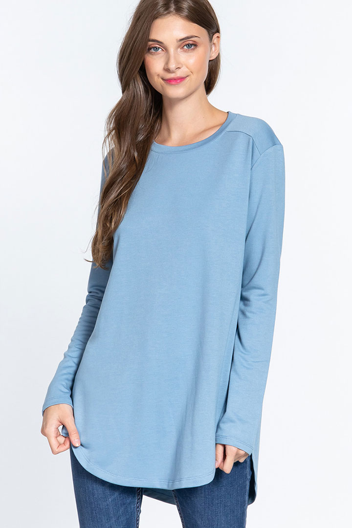 Picture of Long Sleeve Side Slit French Terry Tunic Top - Sky Blue
