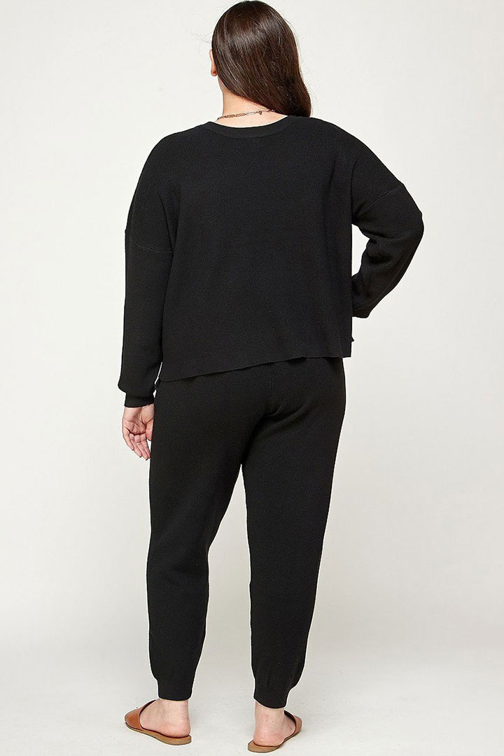 Picture of Plus Size Solid sweater Knit Top with Sweatpants - Black