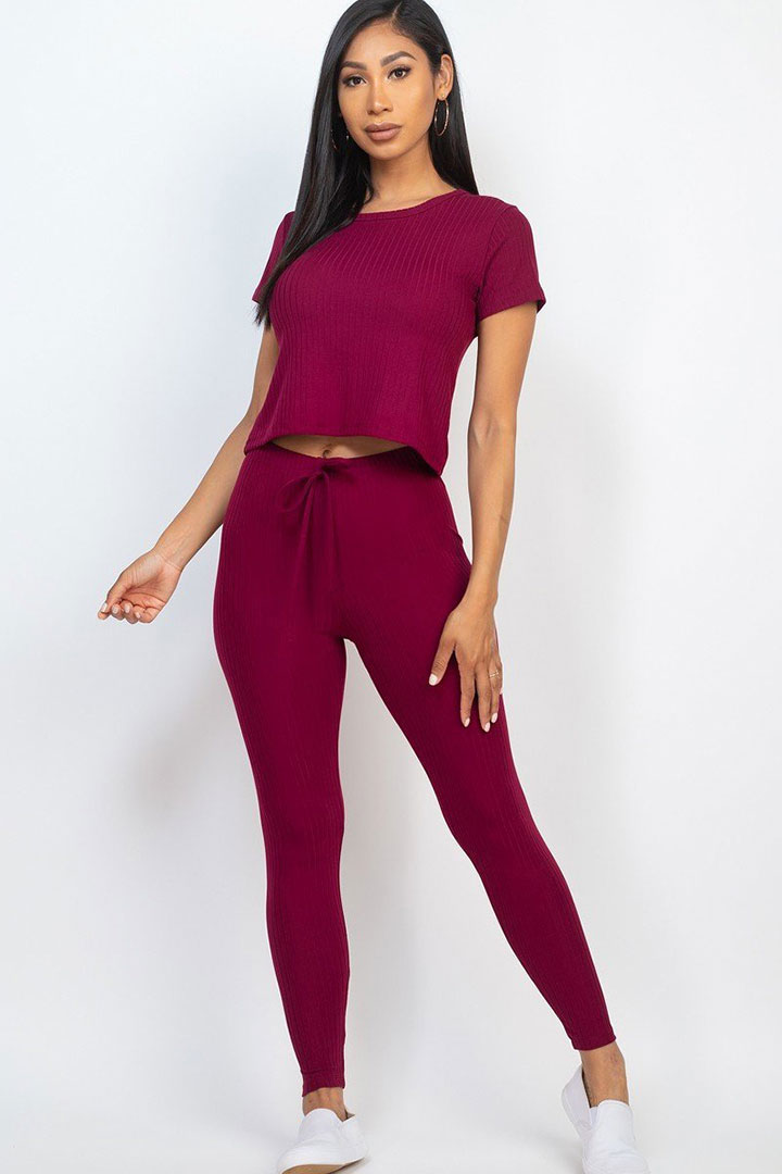 Picture of Set of Short Sleeves top with Leggings - Burgundy