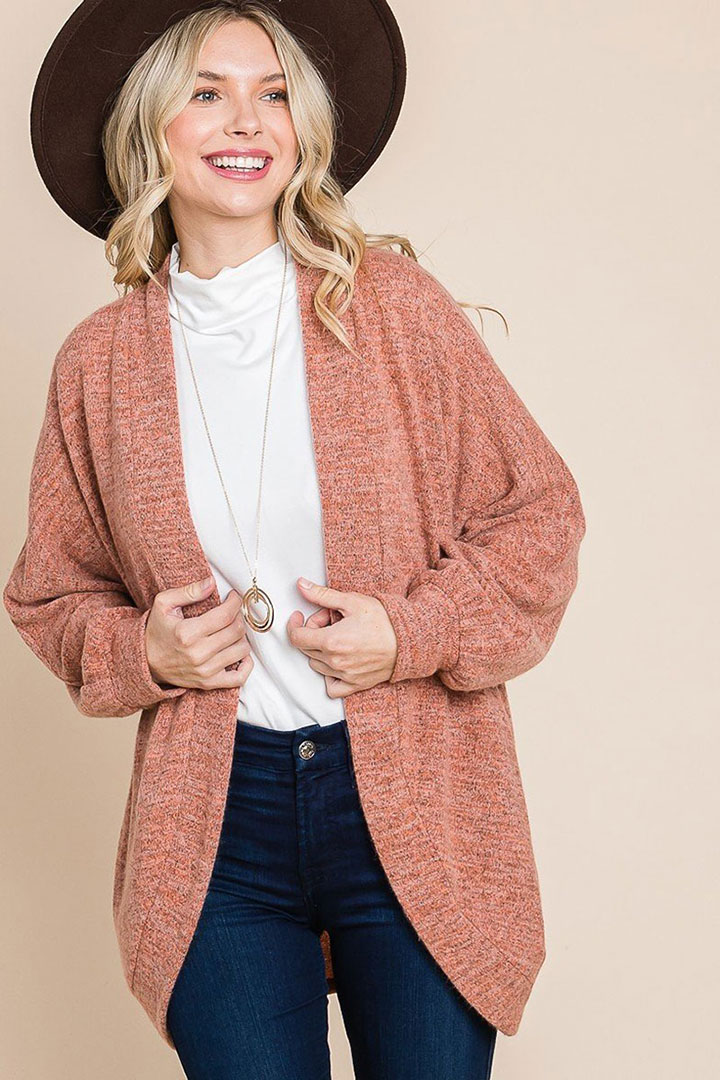 Picture of Two Tone open front warm cozy cardigan - Coral