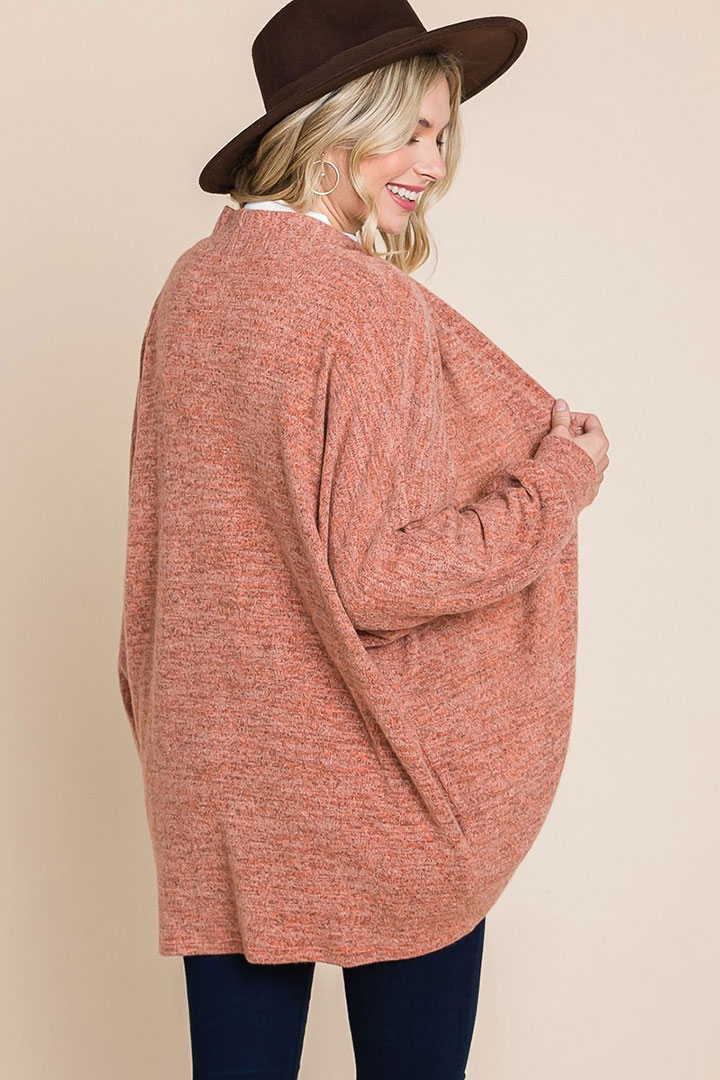 Picture of Two Tone open front warm cozy cardigan - Coral
