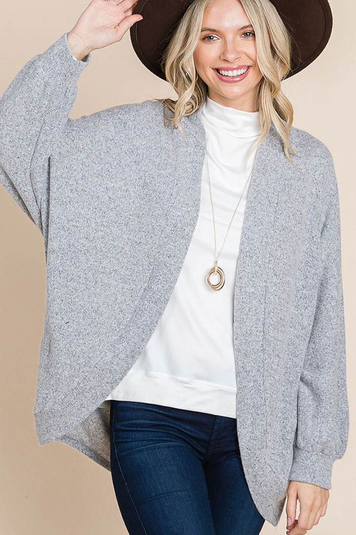 Picture of Two Tone open front warm cozy cardigan - Heather Grey