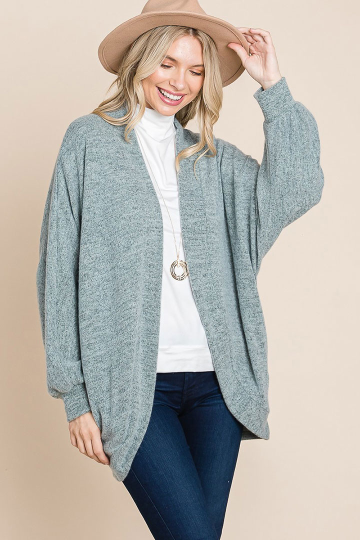 Picture of Two Tone open front warm cozy cardigan - Sage