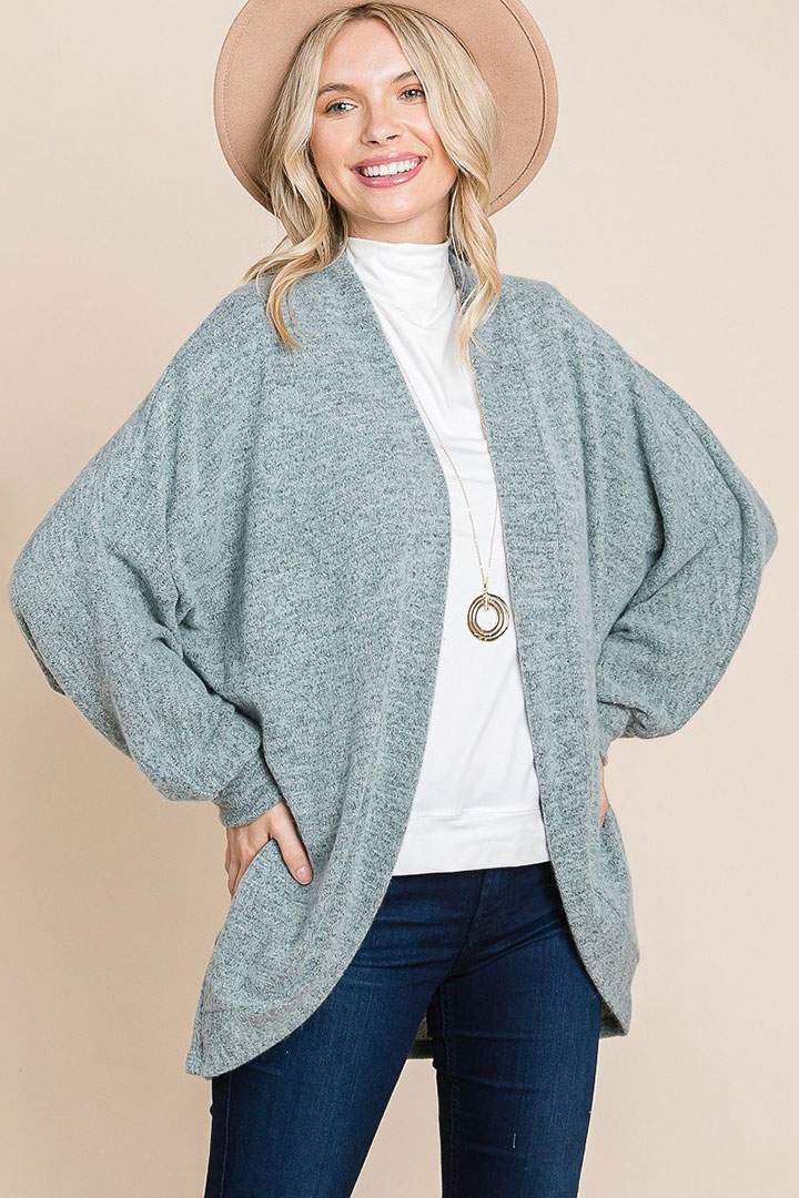 Picture of Two Tone open front warm cozy cardigan - Sage