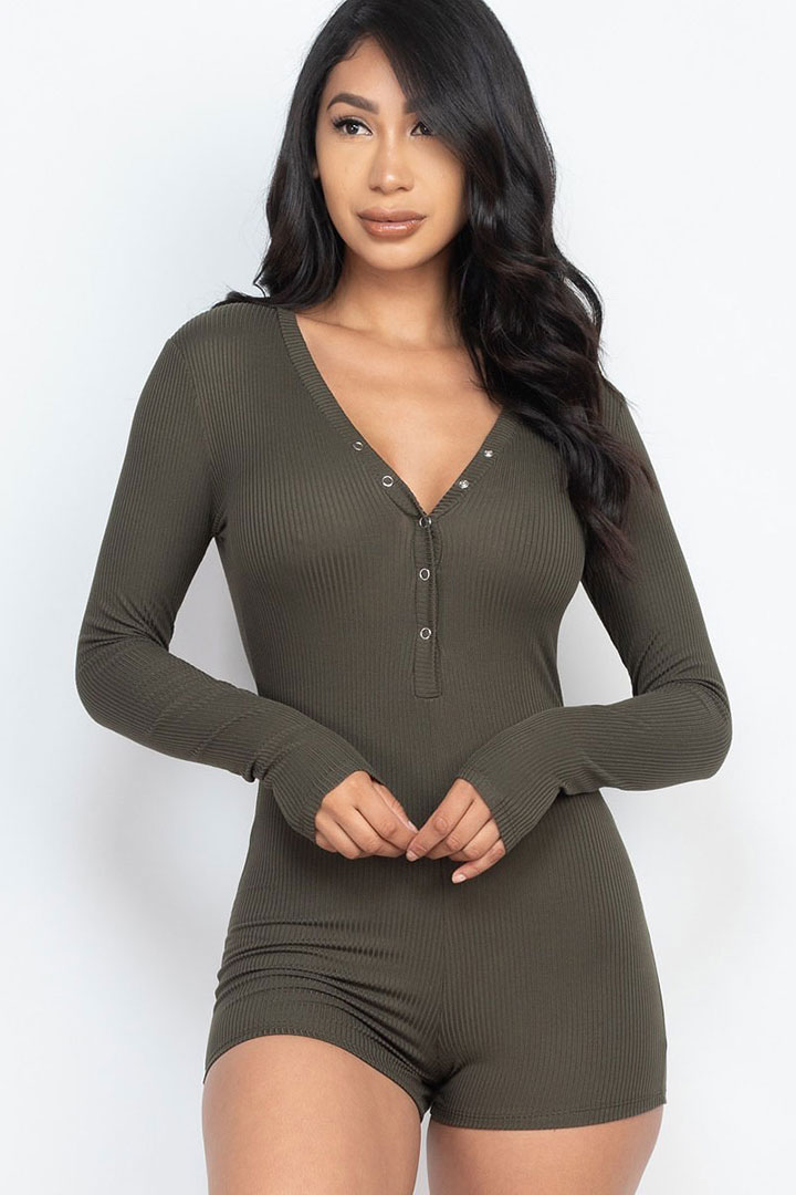 Picture of V-Neck with Button Tap Bodycon Romper - Olive Green
