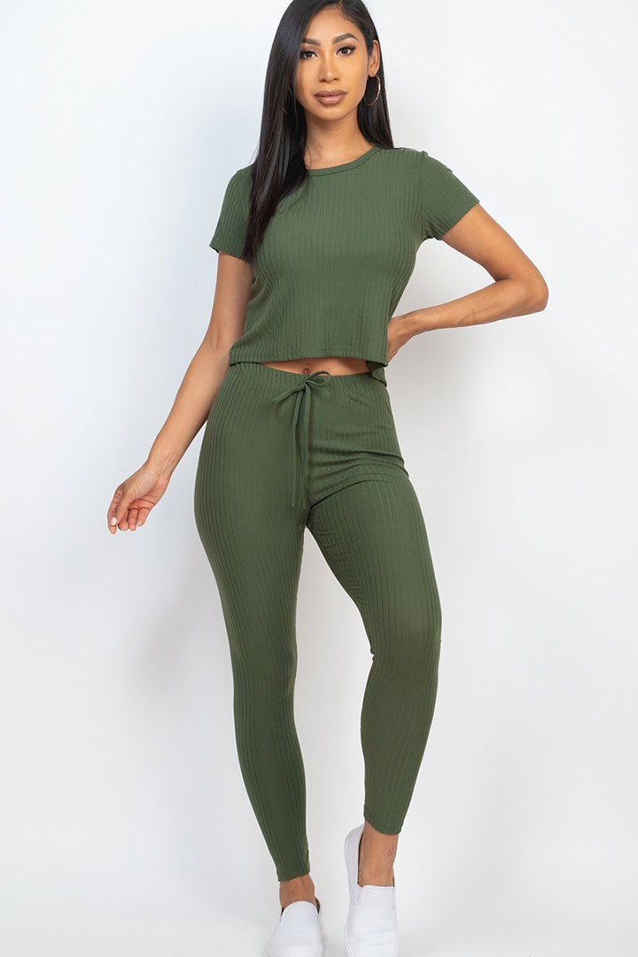 Picture of Set of Short Sleeves top with Leggings - Olive Green