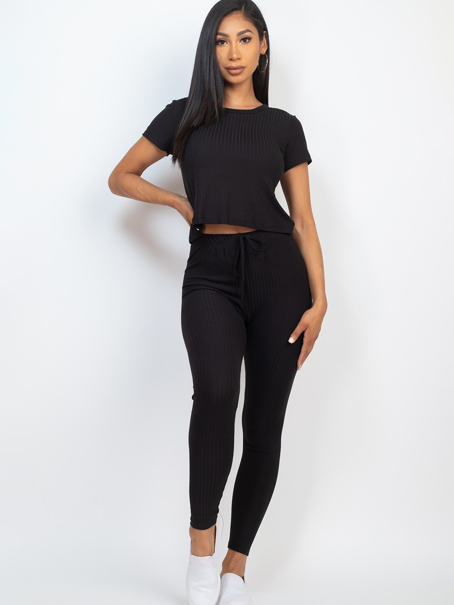 Picture of Set of Short Sleeves top with Leggings - Black