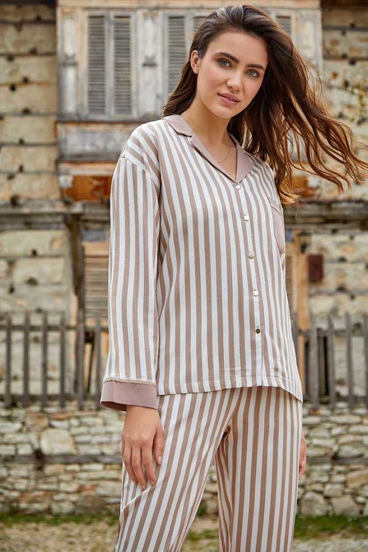 Picture of Set of Striped Full Sleeves Top with Pajama - Tortilla Brown