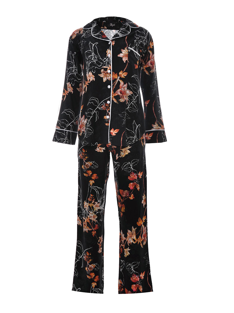صورة Floral Long Sleeves Pajama Set - Black