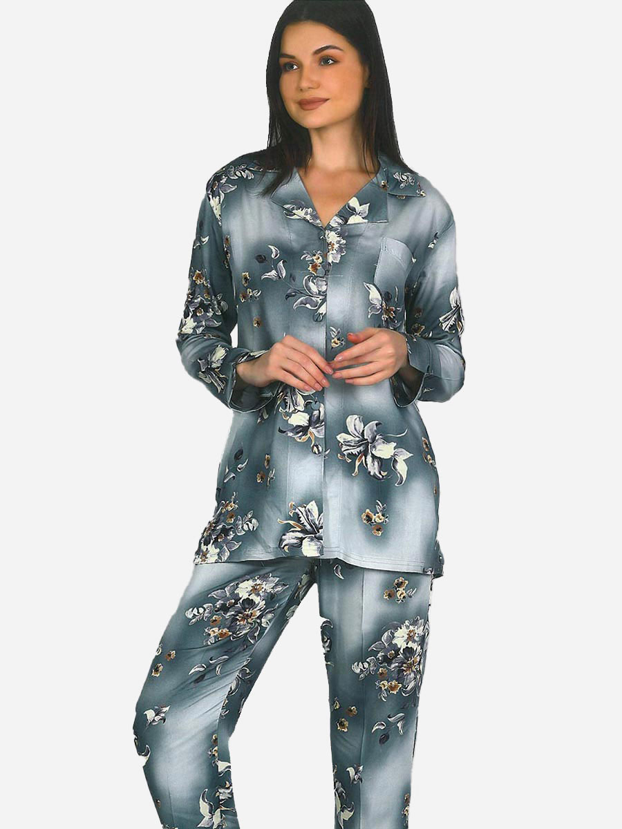Picture of Set of Multi Floral Printed Full Sleeves Top with Pajama -  Jade Blue