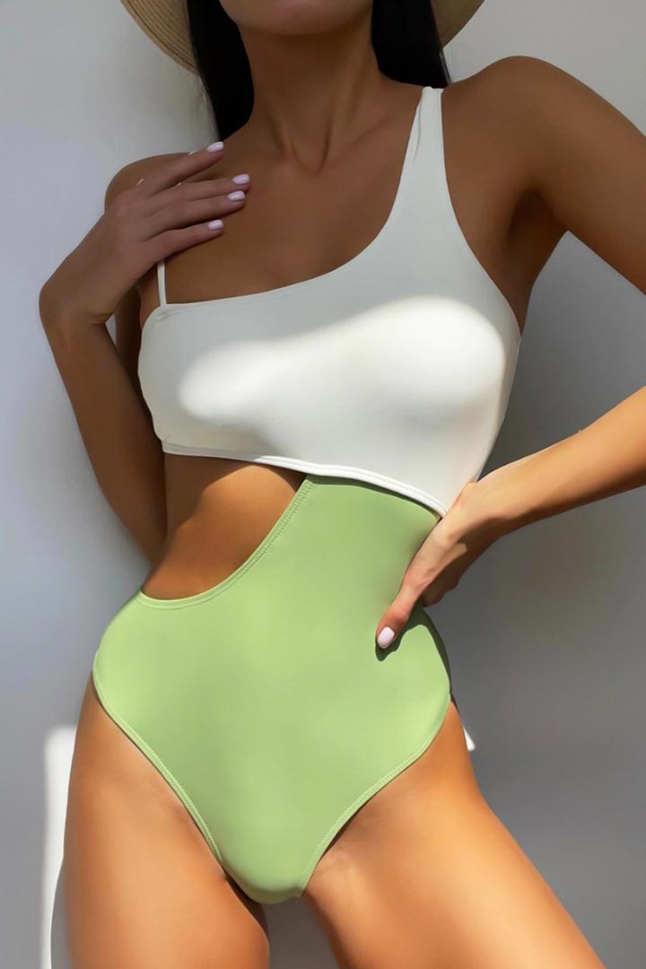 Picture of Asymmetrical Cut Out One-Piece Swimsuit-White/Green