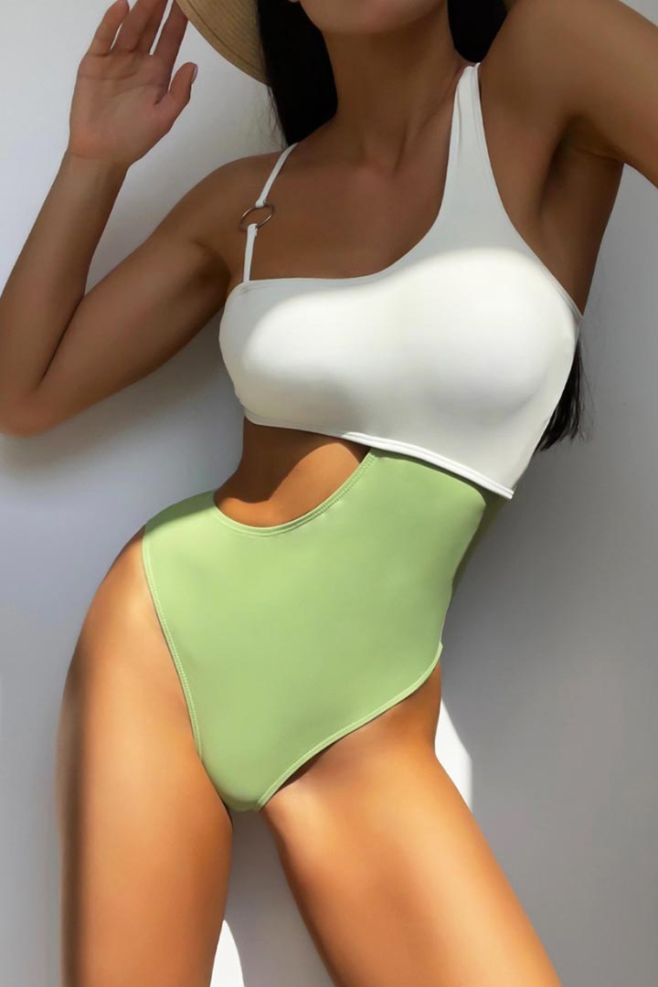 Picture of Asymmetrical Cut Out One-Piece Swimsuit-White/Green