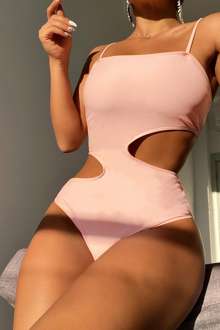Picture of Asymmetrical Hollow Cut Out One-Piece Swimwear -Pale Pink
