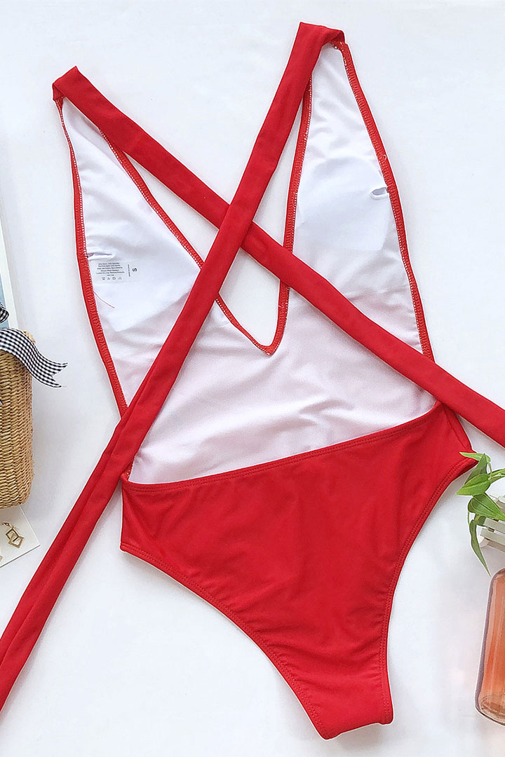 Picture of Backless Wrap Tie One - Piece Swimwear - Red