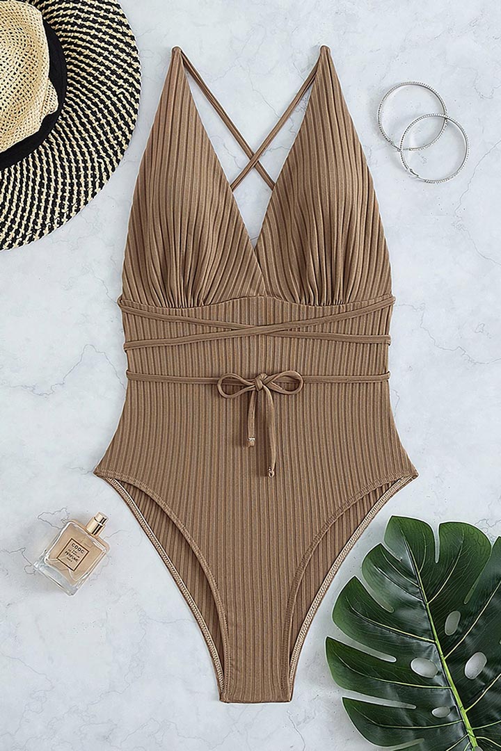 Picture of Deep V Backless Self Tie One-Piece Swimsuit - Beige
