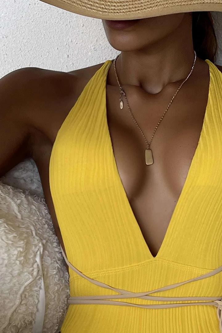 Picture of Deep V Backless Self Tie One-Piece Swimsuit - Yellow