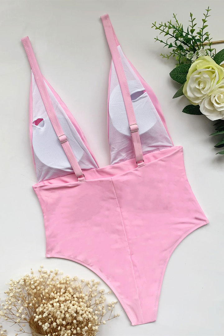 Picture of Deep V neck and back Low Cut One-Piece Swimsuit - Pastel Pink