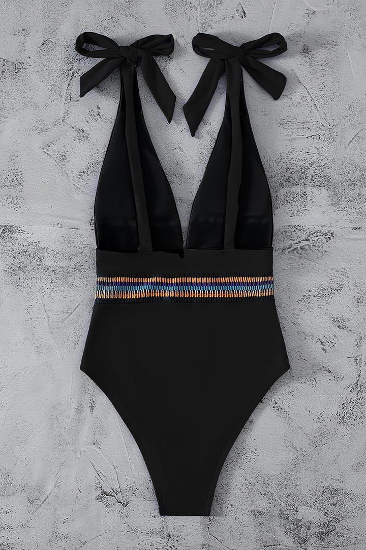 Picture of Deep V Tie Shoulder One-Piece Swimsuit -  Black