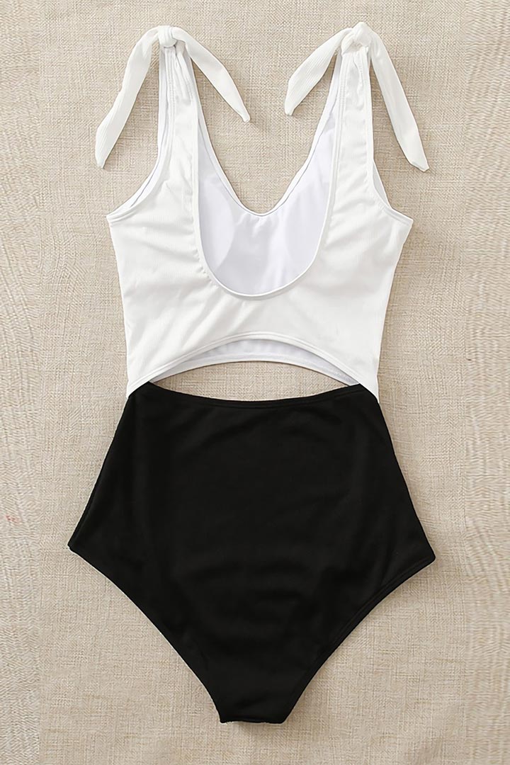 Picture of Hollow Tie Shoulder Patched Cut Out One-Piece Swimsuit - White/Black