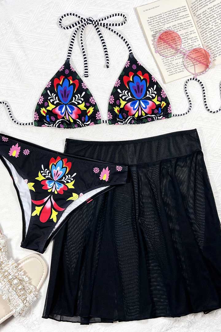 Picture of Halter Neck Tie Two-Piece Bikini with Mesh Skirt - Multi