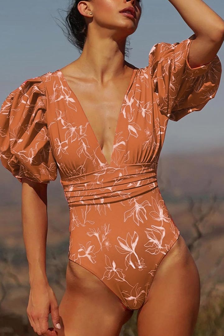 Picture of Puffed Sleeve Deep V Backless One-Piece Swimwear - Brown/Beige