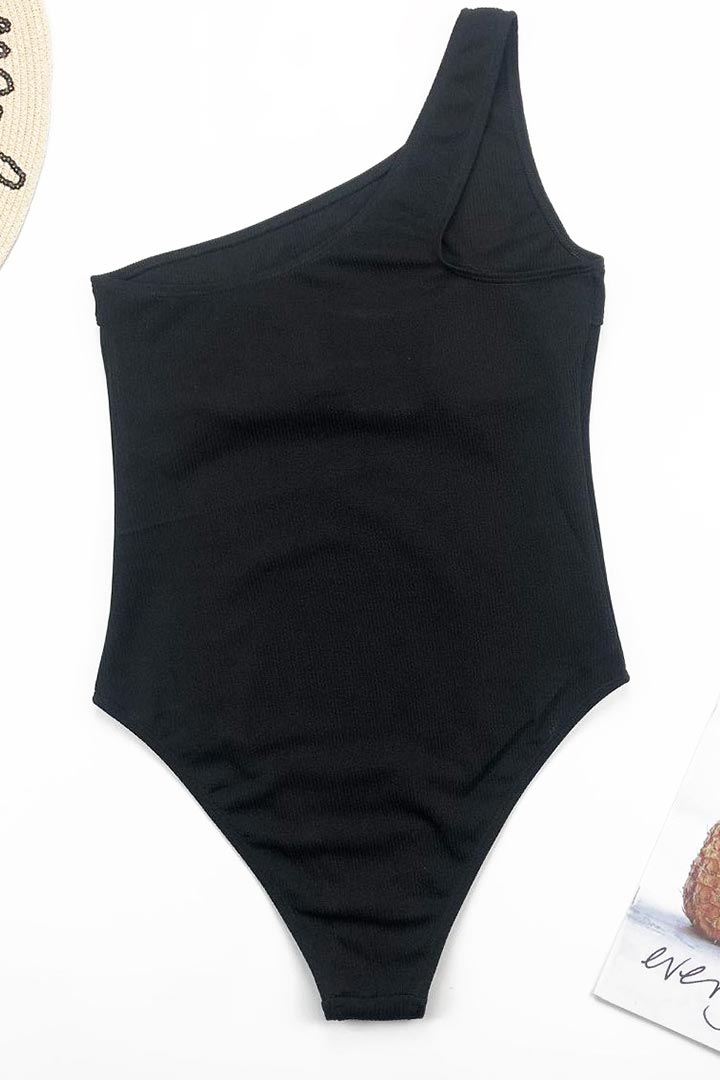 Picture of One Shoulder Hollow Ribbed One-Piece Swimsuit - Black