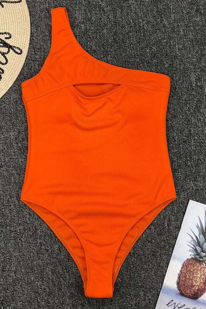 Picture of One Shoulder Hollow Ribbed One-Piece Swimsuit - Orange