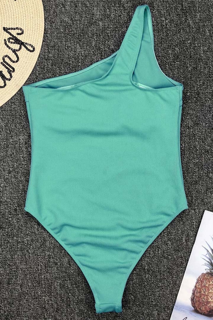 Picture of One Shoulder Hollow Ribbed One-Piece Swimsuit - Sky Blue