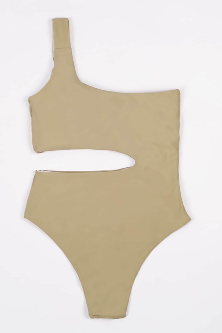 Picture of One Shoulder Ring Detail Hollow Cut Out One-Piece Swimwear - Khaki